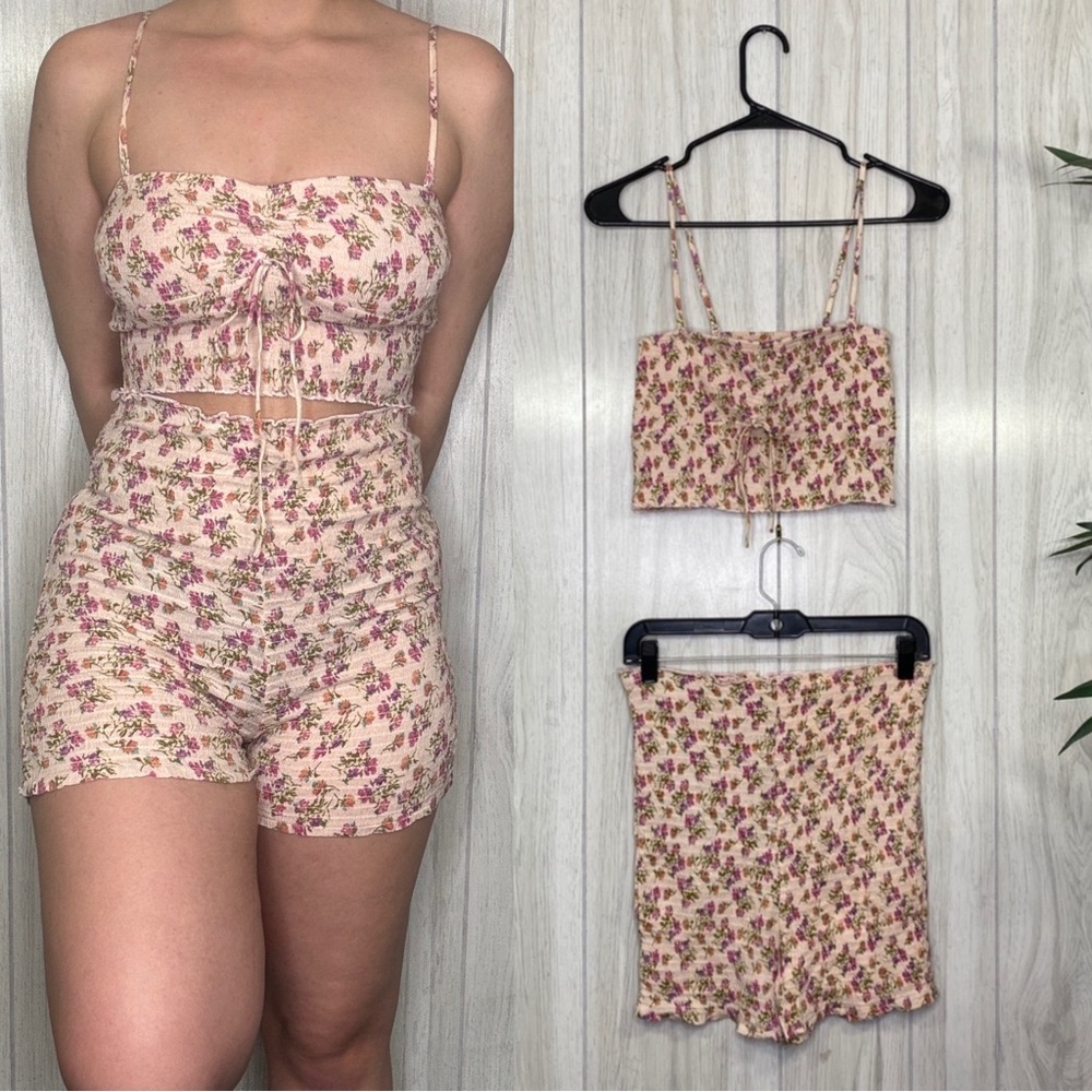 NWT Free People FP One Maia Petal Meadow Set Bandeau Top Smocked Shorts S/M